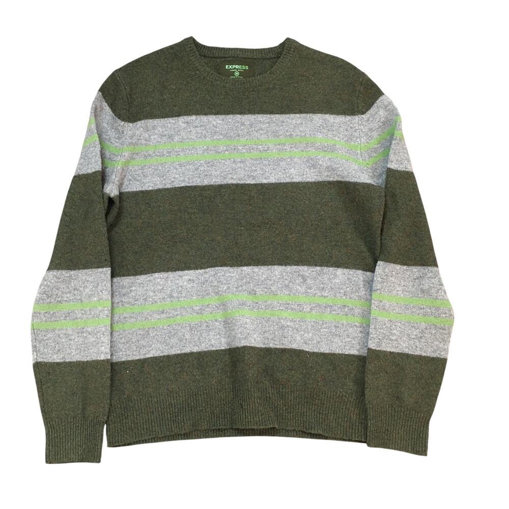 Express 100% Lambs Wool Green Grey Strip Men's Sweater Size Medium
